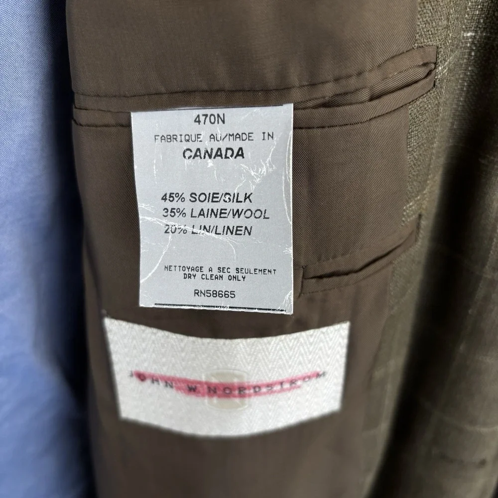Nordstrom Blazer Mens 42L Olive‎ Windowpane E Thomas Silk Wool Linen Sport Coat